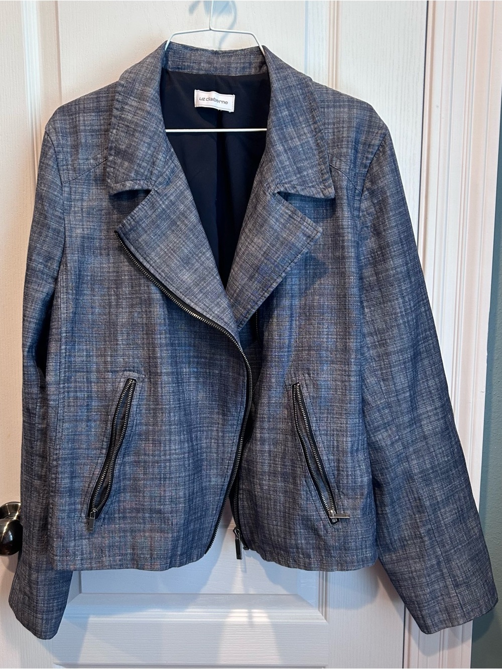 Liz Claiborne Women’s Denim Colored Asymmetrical Zip Relaxed Fit Moto Jacket
